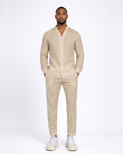 Ensemble homme 2 pièces – chemise col tunisien et pantalon coupe droite