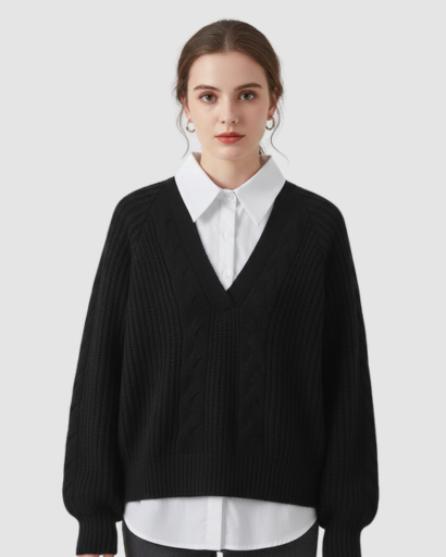 Pull Femme à Col V – Maille Torsadée & Coupe Confort