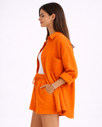 Ensemble short femme avec chemise fluide à boutons et taille élastique