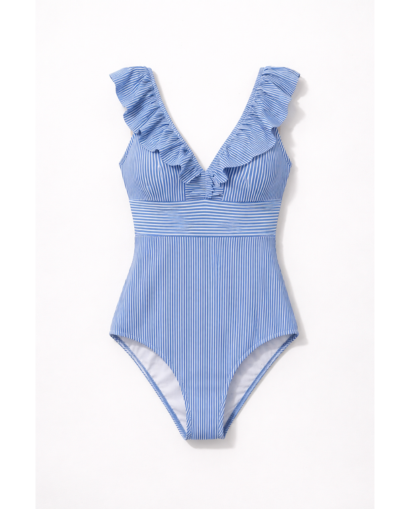 Maillot de bain une pièce femme à rayures avec volants et décolleté en V coupe structurée