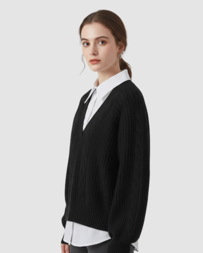 Pull Femme à Col V – Maille Torsadée & Coupe Confort