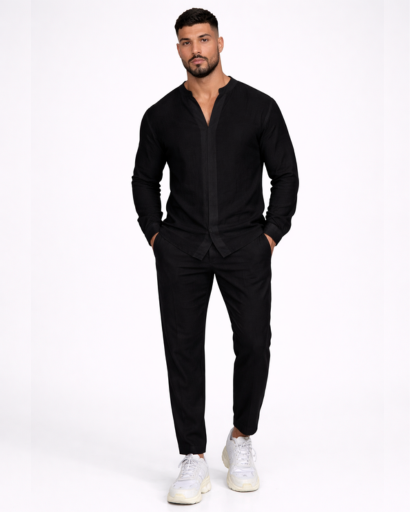 Ensemble homme 2 pièces – chemise col tunisien et pantalon coupe droite