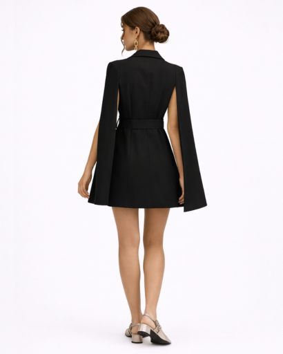 Robe blazer courte à cape col tailleur ceinturée