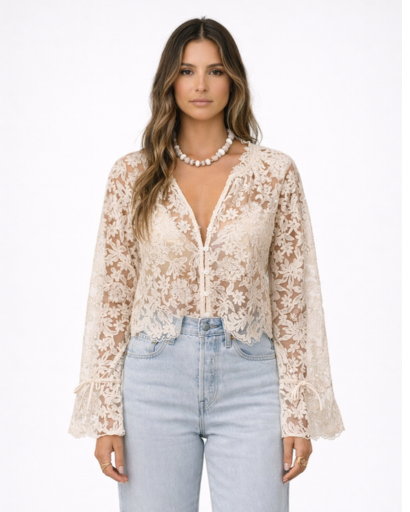 Blouse femme en dentelle florale avec boutons frontaux et manches évasées à liens coupe courte élégante
