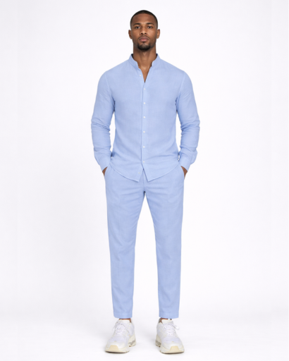 Ensemble homme 2 pièces – chemise col tunisien et pantalon coupe droite