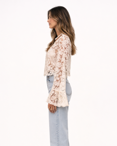 Blouse femme en dentelle florale avec boutons frontaux et manches évasées à liens coupe courte élégante