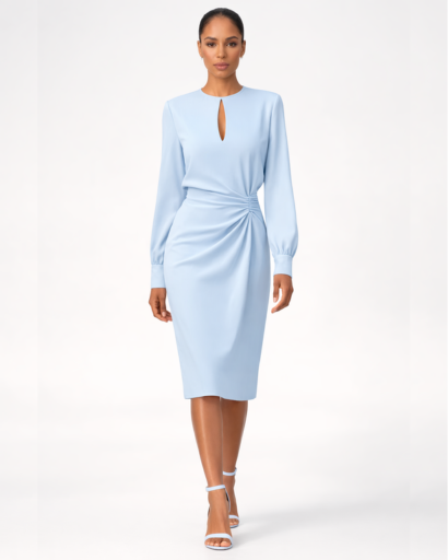 Robe midi drapée – manches longues, découpe goutte d’eau et taille froncée
