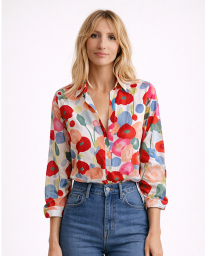 Chemisier femme imprimé floral multicolore avec col classique et boutons frontaux coupe fluide élégante