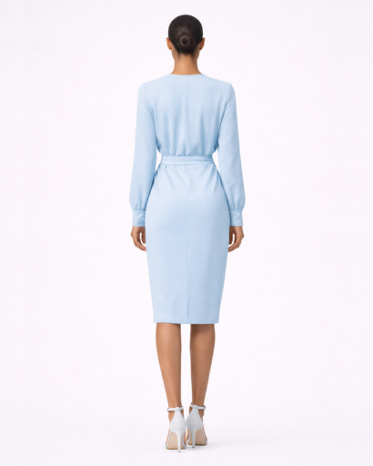 Robe midi drapée – manches longues, découpe goutte d’eau et taille froncée