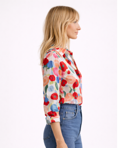 Chemisier femme imprimé floral multicolore avec col classique et boutons frontaux coupe fluide élégante
