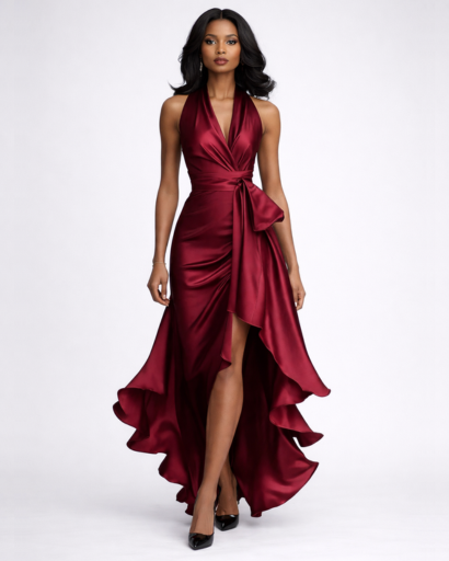 Robe Longue Satinée Dos Nu Drapée à Volants – Soirée & Cérémonie – vue 7
