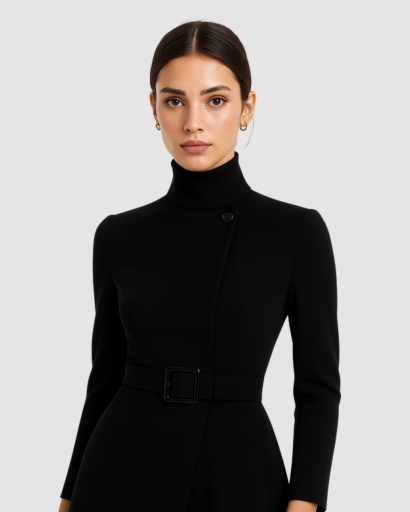 Robe Femme Col Montant Ceinturée Ajustée – Structurée & Chic | Cocktail Invitée Mariage