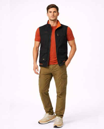 Gilet Homme Sans Manches Multi-Poches Style Utilitaire avec Col Montant et Fermeture Zippée