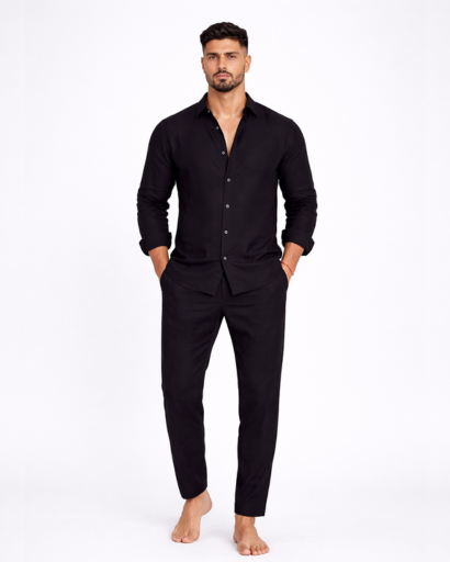 Ensemble homme 2 pièces – chemise col tunisien et pantalon coupe droite