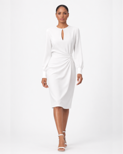 Robe midi drapée – manches longues, découpe goutte d’eau et taille froncée