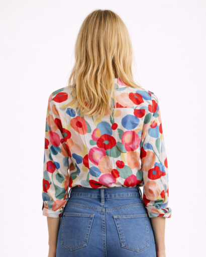 Chemisier femme imprimé floral multicolore avec col classique et boutons frontaux coupe fluide élégante