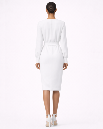 Robe midi drapée – manches longues, découpe goutte d’eau et taille froncée