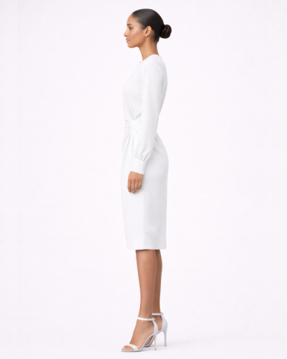 Robe midi drapée – manches longues, découpe goutte d’eau et taille froncée