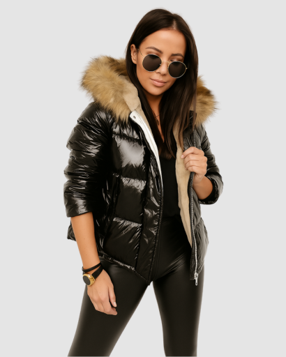 Doudoune Femme Brillante avec Capuche Fourrée – Élégance et Chaleur