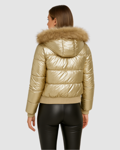 Doudoune Femme Brillante avec Capuche Fourrée – Élégance et Chaleur