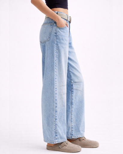 Jean droit femme à empiècements avec taille haute et coupe large