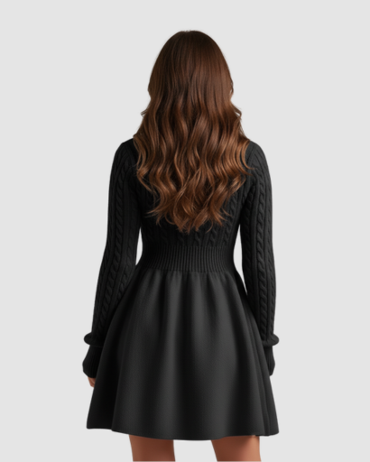 Robe pull femme portée en extérieur, look automne-hiver
