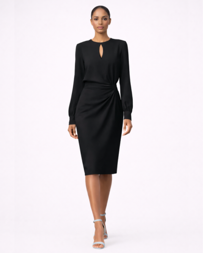 Robe midi drapée – manches longues, découpe goutte d’eau et taille froncée