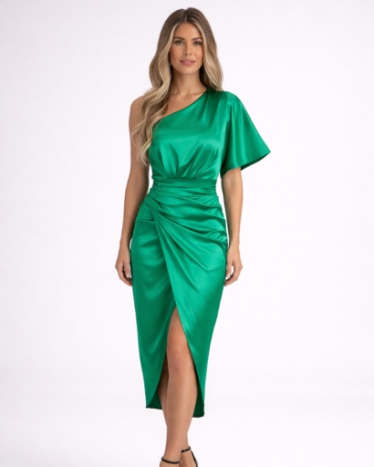 Robe midi asymétrique drapée à une manche avec fente