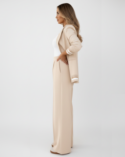 Ensemble Tailleur Femme Blazer Cintré et Pantalon Large à Bandes Contrastées