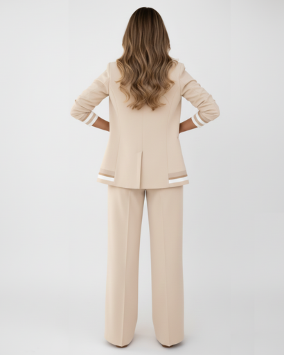Ensemble Tailleur Femme Blazer Cintré et Pantalon Large à Bandes Contrastées