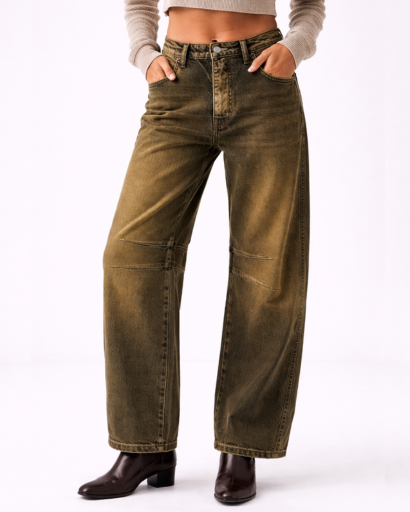 Jean droit femme à empiècements avec taille haute et coupe large
