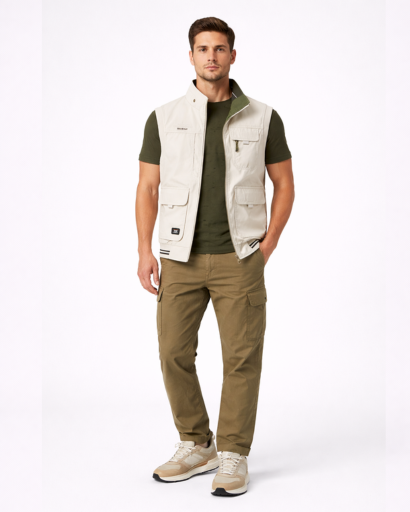 Gilet Homme Sans Manches Multi-Poches Style Utilitaire avec Col Montant et Fermeture Zippée