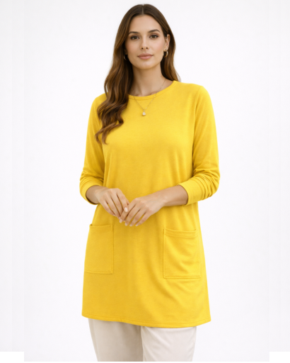 Tunique longue femme coupe droite manches longues avec poches plaquées