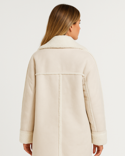 Manteau Femme Long Effet Peau Lainée – Col Large & Finitions Douces