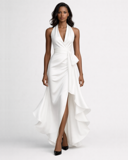 Robe Longue Satinée Dos Nu Drapée à Volants – Soirée & Cérémonie