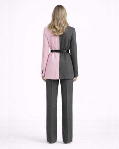 Ensemble Femme Blazer Bicolore Ceinturé avec Pantalon Coupe Droite