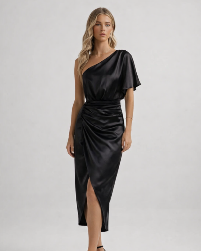Robe midi asymétrique drapée à une manche avec fente
