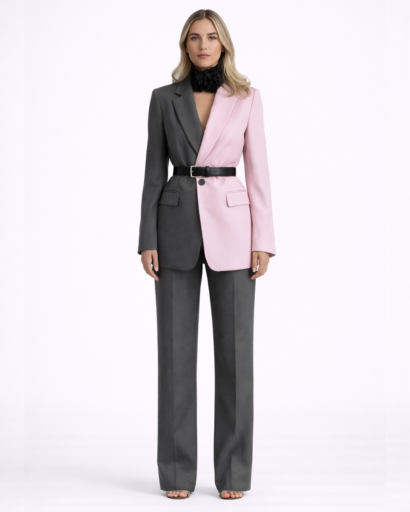 Ensemble Femme Blazer Bicolore Ceinturé avec Pantalon Coupe Droite