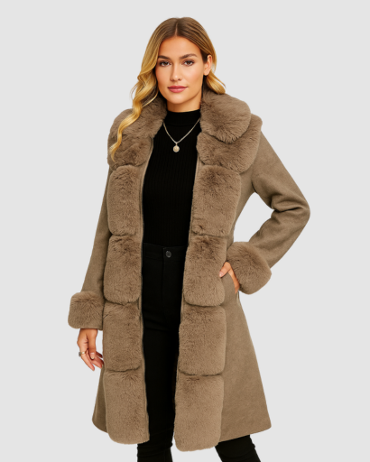 Manteau Long Femme Élégant – Détails en Fausse Fourrure & Coupe Cintrée