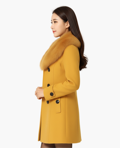 Manteau Femme Col Fausse Fourrure Cintrée Double Boutonnage – Élégance & Chaleur | Style Hiver