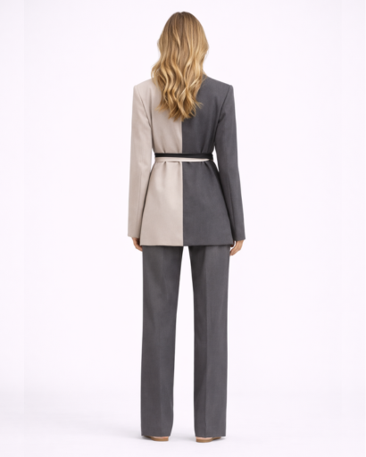 Ensemble Femme Blazer Bicolore Ceinturé avec Pantalon Coupe Droite