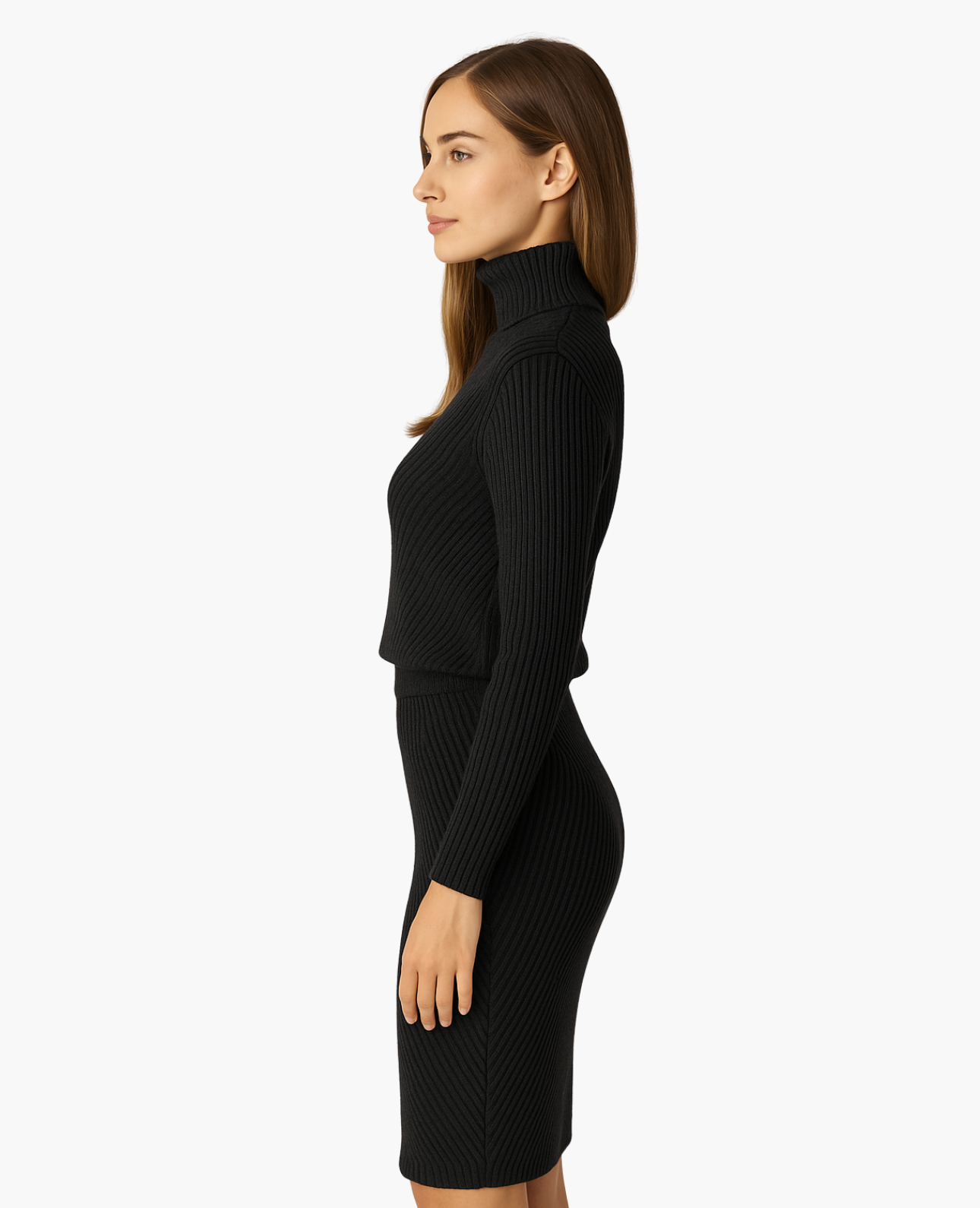 Robe Femme Mi-Longue Ajustée – Col Montant & Silhouette Élégante