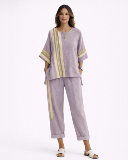 Ensemble femme fluide top ample et pantalon large à rayures