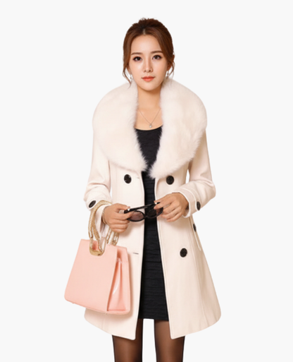 Manteau Femme Col Fausse Fourrure Cintrée Double Boutonnage – Élégance & Chaleur | Style Hiver