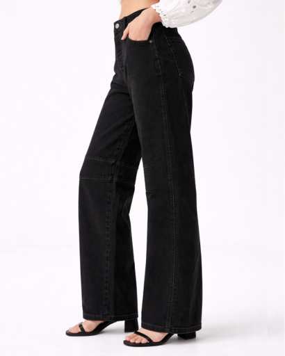 Jean droit femme à empiècements avec taille haute et coupe large