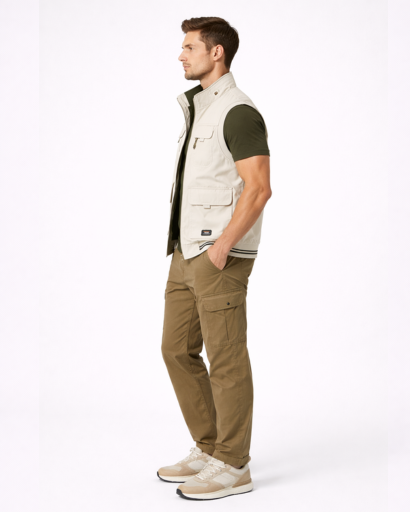 Gilet Homme Sans Manches Multi-Poches Style Utilitaire avec Col Montant et Fermeture Zippée