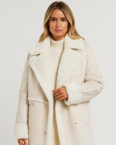 Manteau Femme Long Effet Peau Lainée – Col Large & Finitions Douces