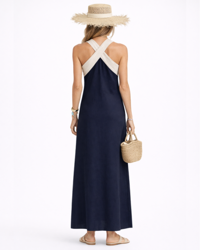 Robe longue fluide dos nu à col croisé