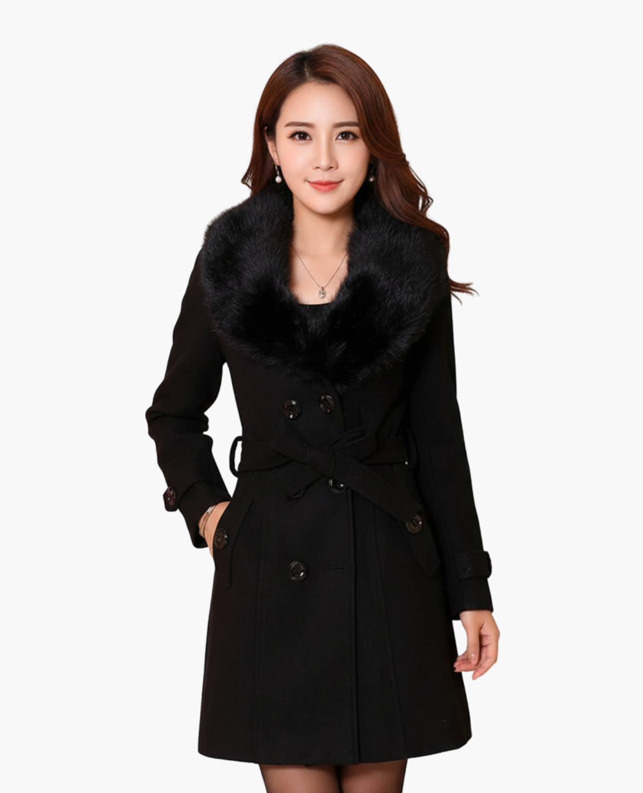 Manteau Femme Col Fausse Fourrure Cintrée Double Boutonnage – Élégance & Chaleur | Style Hiver