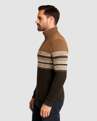 Pull Homme Zippé en Maille Jacquard – Chaleur Nordic et Style Moderne